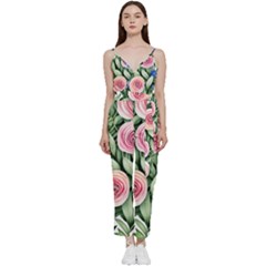 County Charm – Watercolor Flowers Botanical V-neck Spaghetti Strap Tie Front Jumpsuit by GardenOfOphir