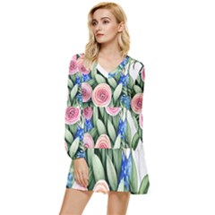 County Charm – Watercolor Flowers Botanical Tiered Long Sleeve Mini Dress by GardenOfOphir