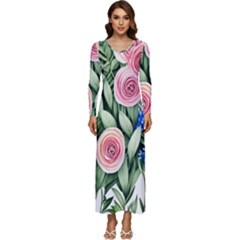 County Charm – Watercolor Flowers Botanical Long Sleeve Longline Maxi Dress by GardenOfOphir