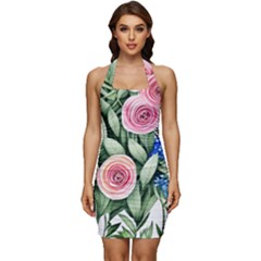 County Charm – Watercolor Flowers Botanical Sleeveless Wide Square Neckline Ruched Bodycon Dress