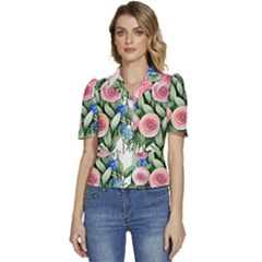 County Charm – Watercolor Flowers Botanical Puffed Short Sleeve Button Up Jacket