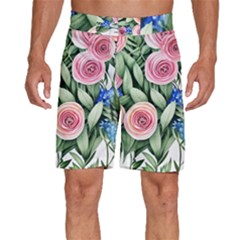 County Charm – Watercolor Flowers Botanical Men s Beach Shorts by GardenOfOphir