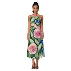 County Charm – Watercolor Flowers Botanical Sleeveless Cross Front Cocktail Midi Chiffon Dress