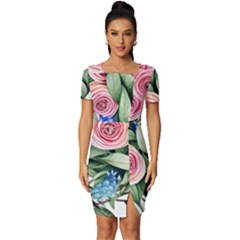 County Charm – Watercolor Flowers Botanical Fitted Knot Split End Bodycon Dress by GardenOfOphir