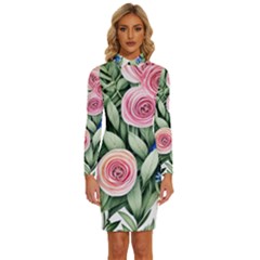 County Charm – Watercolor Flowers Botanical Long Sleeve Shirt Collar Bodycon Dress