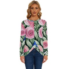 County Charm – Watercolor Flowers Botanical Long Sleeve Crew Neck Pullover Top