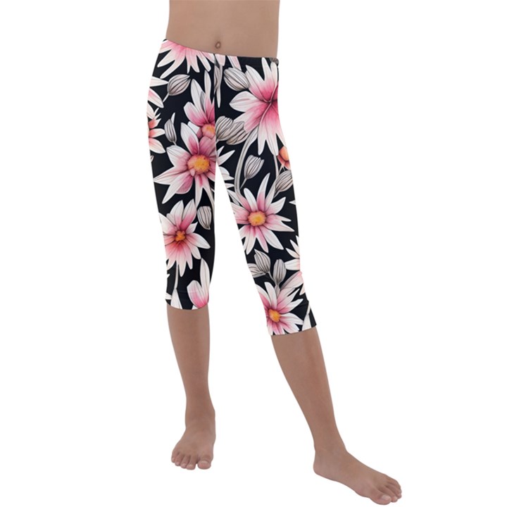 Charming and Celestial Watercolor Flowers Kids  Lightweight Velour Capri Leggings 