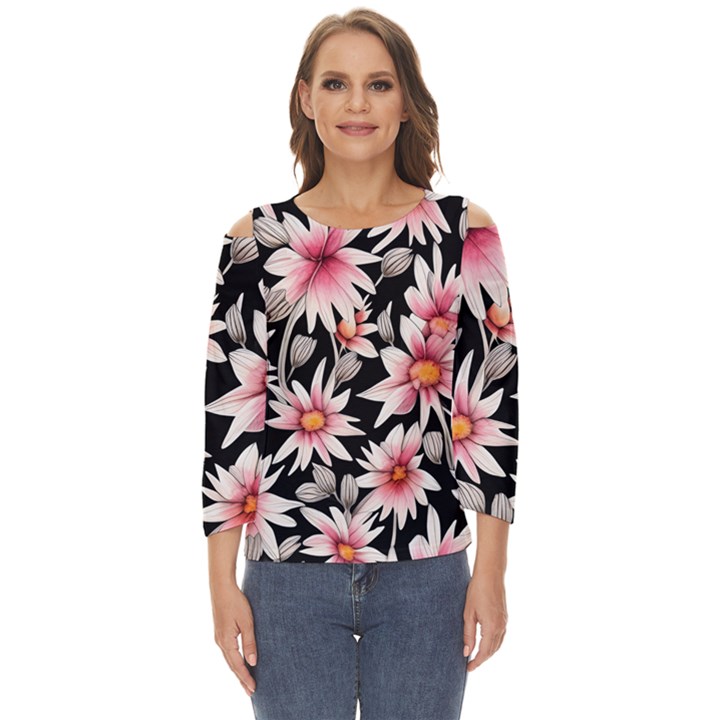 Charming and Celestial Watercolor Flowers Cut Out Wide Sleeve Top