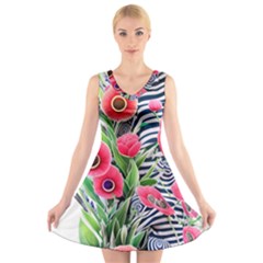 Cherished Blooms – Watercolor Flowers Botanical V-neck Sleeveless Dress by GardenOfOphir