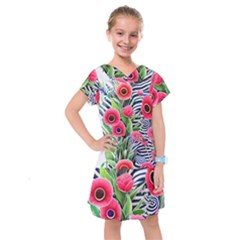 Cherished Blooms – Watercolor Flowers Botanical Kids  Drop Waist Dress by GardenOfOphir