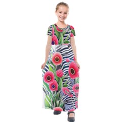 Cherished Blooms – Watercolor Flowers Botanical Kids  Short Sleeve Maxi Dress by GardenOfOphir