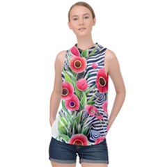 Cherished Blooms – Watercolor Flowers Botanical High Neck Satin Top by GardenOfOphir