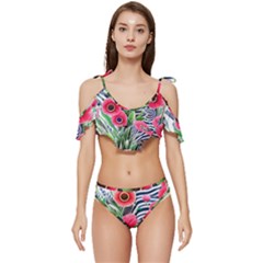 Cherished Blooms – Watercolor Flowers Botanical Ruffle Edge Tie Up Bikini Set	