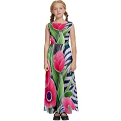 Cherished Blooms – Watercolor Flowers Botanical Kids  Satin Sleeveless Maxi Dress by GardenOfOphir