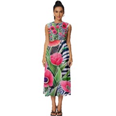 Cherished Blooms – Watercolor Flowers Botanical Sleeveless Round Neck Midi Dress