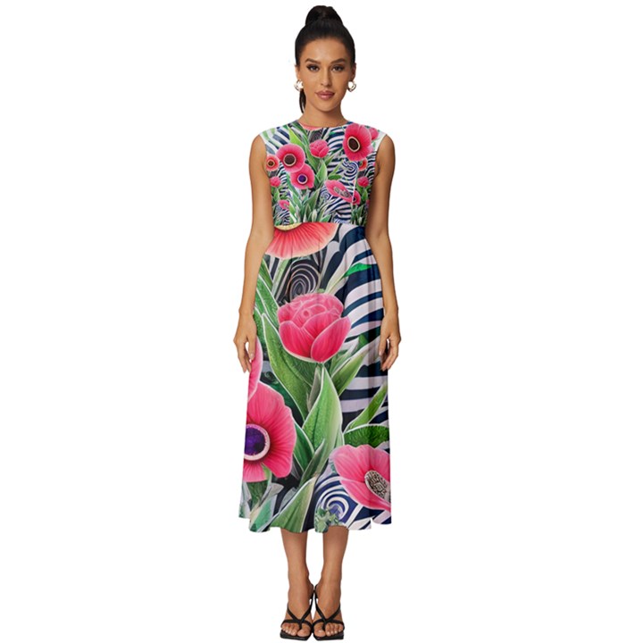 Cherished Blooms – Watercolor Flowers Botanical Sleeveless Round Neck Midi Dress