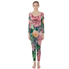 Darling And Dazzling Watercolor Flowers Long Sleeve Catsuit by GardenOfOphir