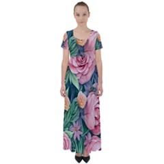 Darling And Dazzling Watercolor Flowers High Waist Short Sleeve Maxi Dress by GardenOfOphir