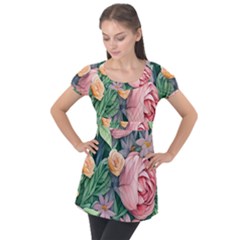 Darling And Dazzling Watercolor Flowers Puff Sleeve Tunic Top by GardenOfOphir