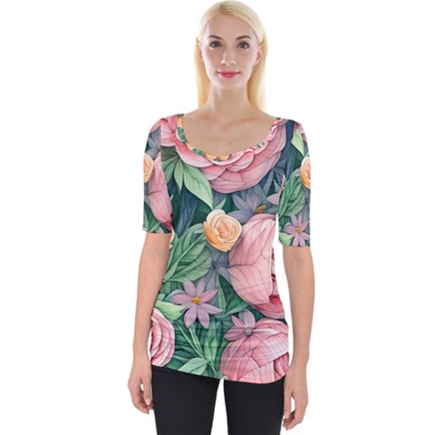 Darling And Dazzling Watercolor Flowers Wide Neckline Tee by GardenOfOphir