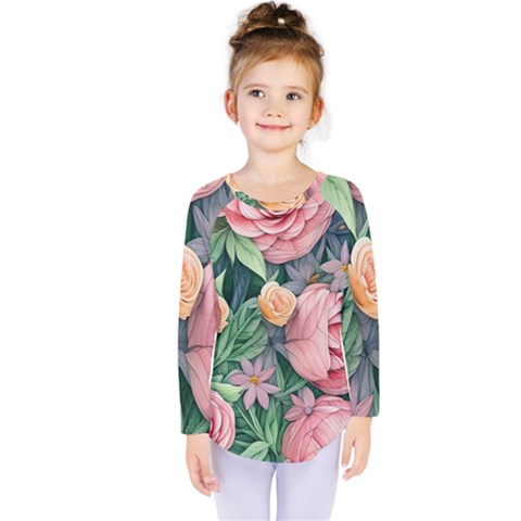 Darling And Dazzling Watercolor Flowers Kids  Long Sleeve Tee by GardenOfOphir