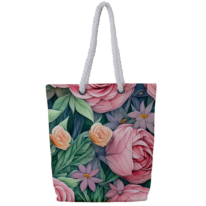 Darling and Dazzling Watercolor Flowers Full Print Rope Handle Tote (Small)