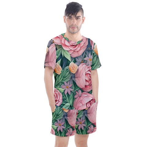 Darling And Dazzling Watercolor Flowers Men s Mesh Tee And Shorts Set by GardenOfOphir