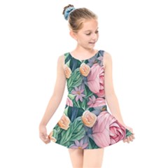 Darling And Dazzling Watercolor Flowers Kids  Skater Dress Swimsuit by GardenOfOphir