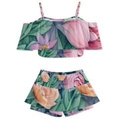 Darling And Dazzling Watercolor Flowers Kids  Off Shoulder Skirt Bikini by GardenOfOphir