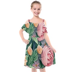 Darling And Dazzling Watercolor Flowers Kids  Cut Out Shoulders Chiffon Dress by GardenOfOphir