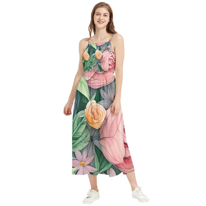 Darling and Dazzling Watercolor Flowers Boho Sleeveless Summer Dress