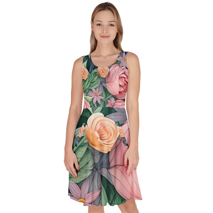 Darling and Dazzling Watercolor Flowers Knee Length Skater Dress With Pockets