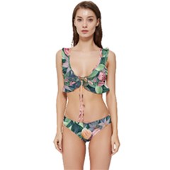 Darling And Dazzling Watercolor Flowers Low Cut Ruffle Edge Bikini Set