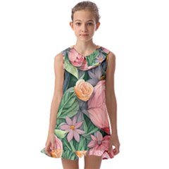 Darling And Dazzling Watercolor Flowers Kids  Pilgrim Collar Ruffle Hem Dress by GardenOfOphir