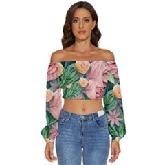 Darling And Dazzling Watercolor Flowers Long Sleeve Crinkled Weave Crop Top by GardenOfOphir