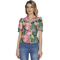 Darling And Dazzling Watercolor Flowers Puffed Short Sleeve Button Up Jacket