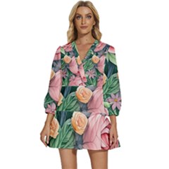 Darling And Dazzling Watercolor Flowers V-neck Placket Mini Dress by GardenOfOphir