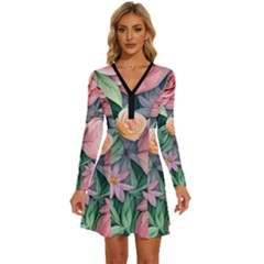 Darling And Dazzling Watercolor Flowers Long Sleeve Deep V Mini Dress  by GardenOfOphir