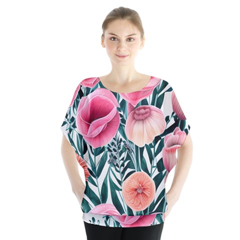 Cheerful Watercolors – Flowers Botanical Batwing Chiffon Blouse by GardenOfOphir