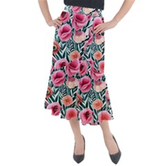 Cheerful Watercolors – Flowers Botanical Midi Mermaid Skirt by GardenOfOphir