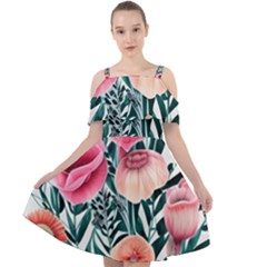 Cheerful Watercolors – Flowers Botanical Cut Out Shoulders Chiffon Dress