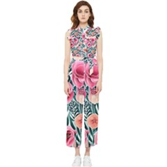 Cheerful Watercolors – Flowers Botanical Women s Frill Top Chiffon Jumpsuit