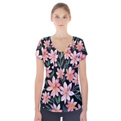 Classy Botanicals – Watercolor Flowers Botanical Short Sleeve Front Detail Top by GardenOfOphir