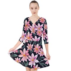 Classy Botanicals – Watercolor Flowers Botanical Quarter Sleeve Front Wrap Dress by GardenOfOphir