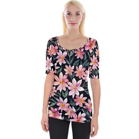 Classy Botanicals – Watercolor Flowers Botanical Wide Neckline Tee by GardenOfOphir