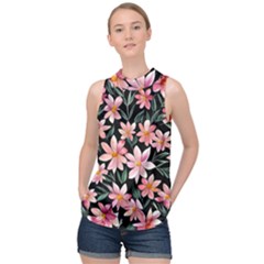 Classy Botanicals – Watercolor Flowers Botanical High Neck Satin Top by GardenOfOphir