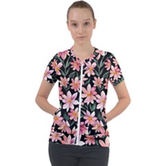 Classy Botanicals – Watercolor Flowers Botanical Short Sleeve Zip Up Jacket by GardenOfOphir