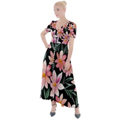 Classy Botanicals – Watercolor Flowers Botanical Button Up Short Sleeve Maxi Dress by GardenOfOphir