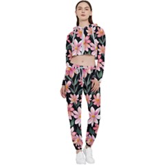 Classy Botanicals – Watercolor Flowers Botanical Cropped Zip Up Lounge Set by GardenOfOphir