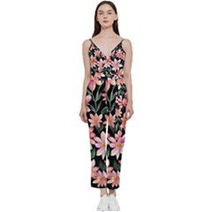 Classy Botanicals – Watercolor Flowers Botanical V-neck Spaghetti Strap Tie Front Jumpsuit by GardenOfOphir